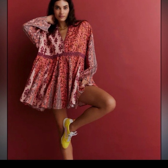 Free People Floral Red and Pink Mini Dress babydoll bohemian boho - Picture 2 of 9